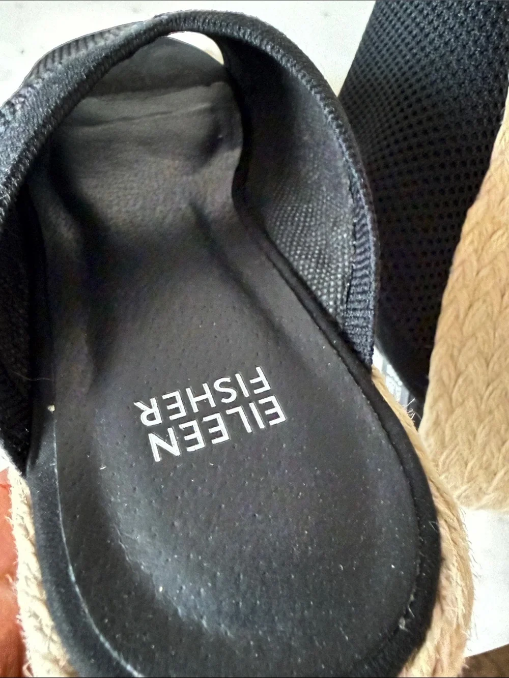 Eileen Fisher Black Mesh Espadrille Slides with Natural Jute Sole